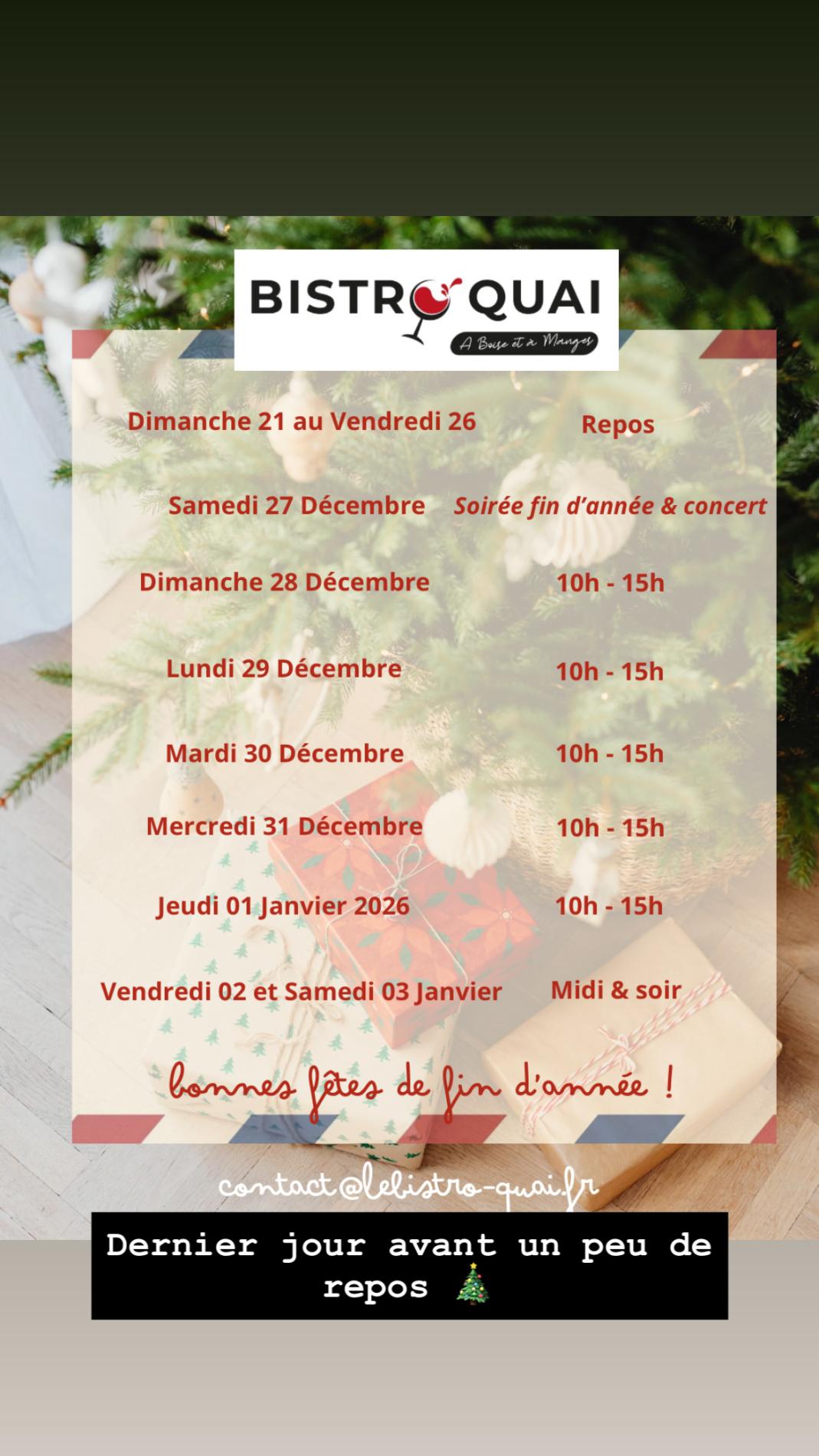 Horaires fin d&rsquo;ann&eacute;e
